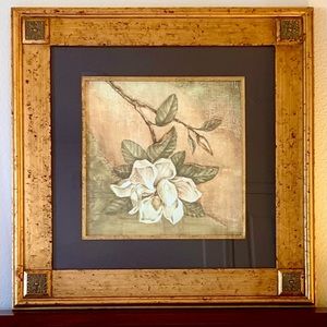 Framed Botanical Art Print, White Magnolia Flower.